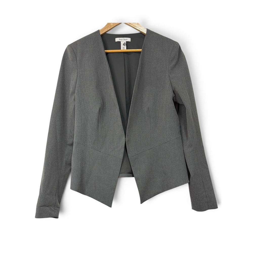 White House Black Market Womens Gray Collarless Open Front Blazer Jacket Size 12